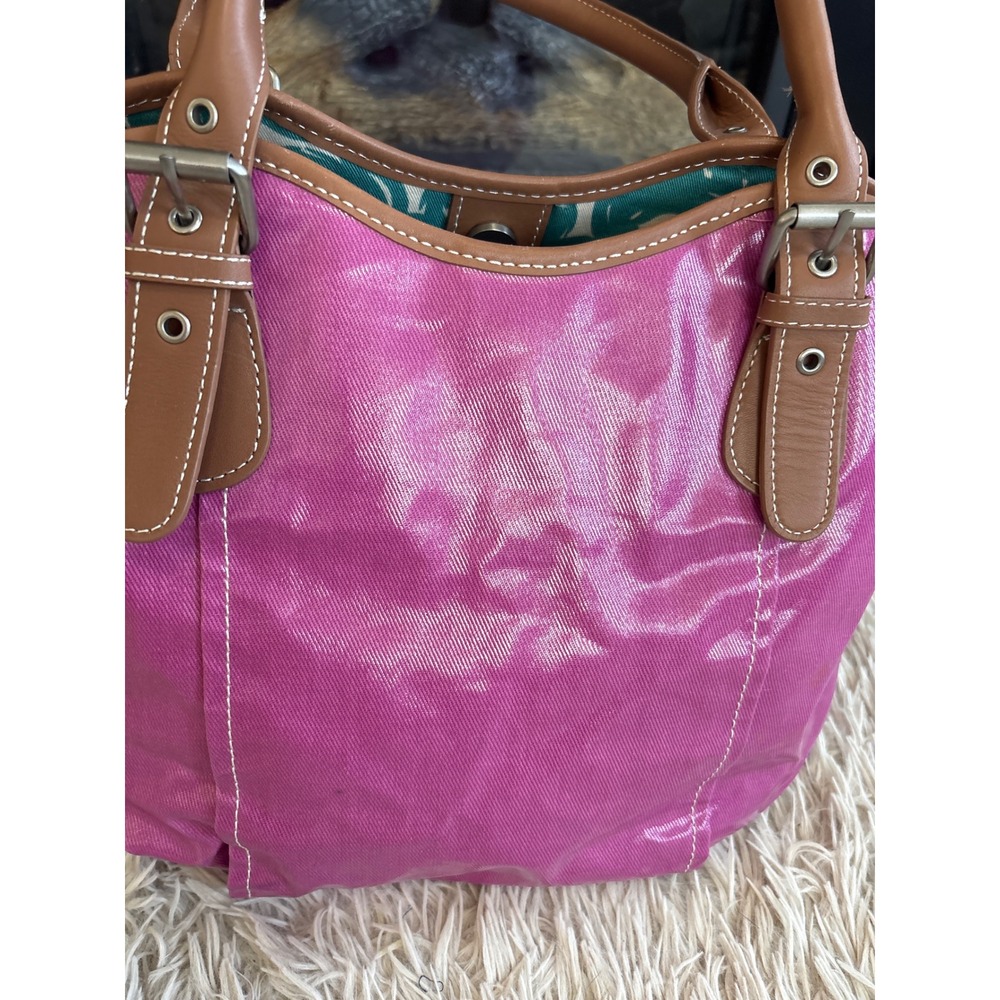 Vintage Boden Pink Canvas Tote Bag Bucket Purse with Brown Leather Trim - Picture 2 of 11